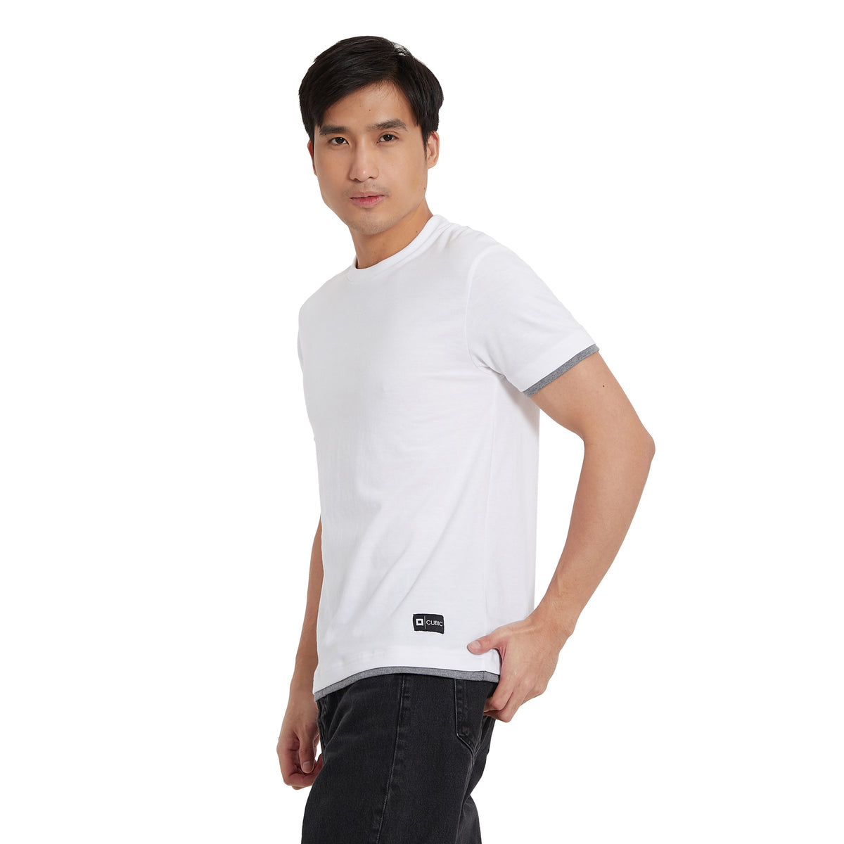 Cubic Men Plain Round Neck Fake Two T-Shirts Top Top for Men with Logo Patch - CMBRN02