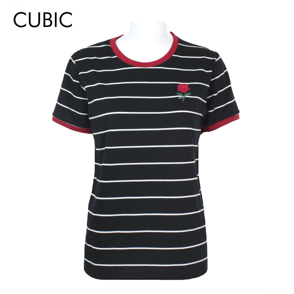 Cubic Ladies Stripes Shirt Sleeve Round Neck Top Tops Tee T Shirt T-Shirt w/ Rose Embro - CLS2201R